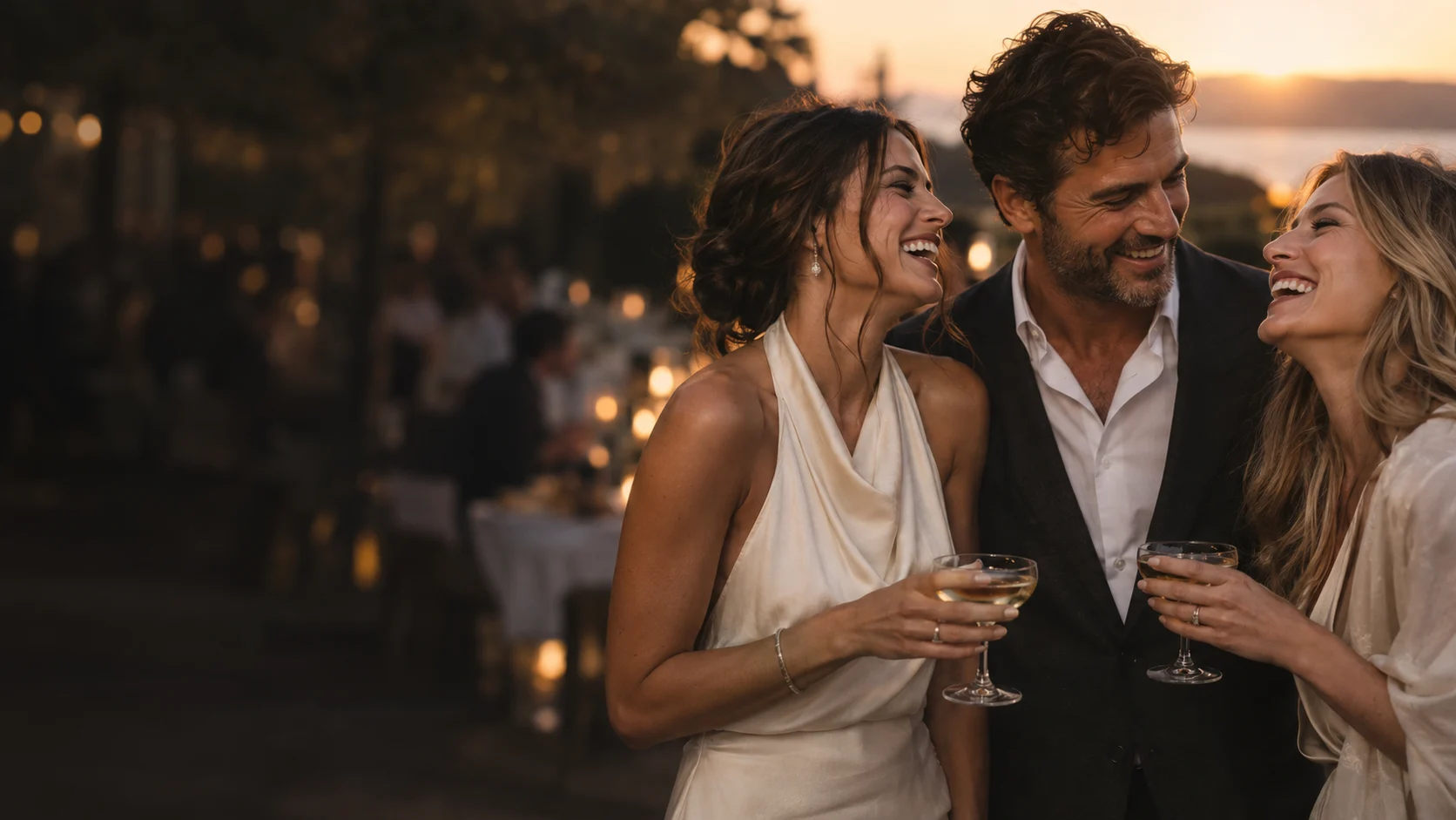 Friends sharing a spontaneous laugh at a warm evening celebration