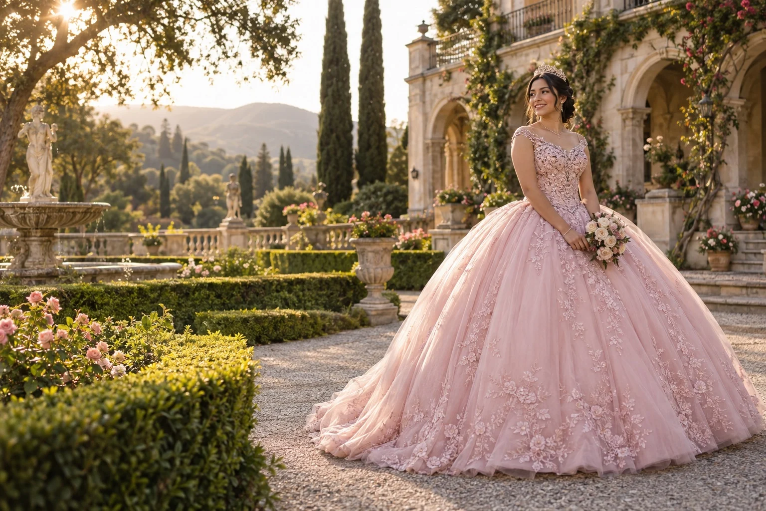 Quinceañera portrait in a sunlit estate garden
