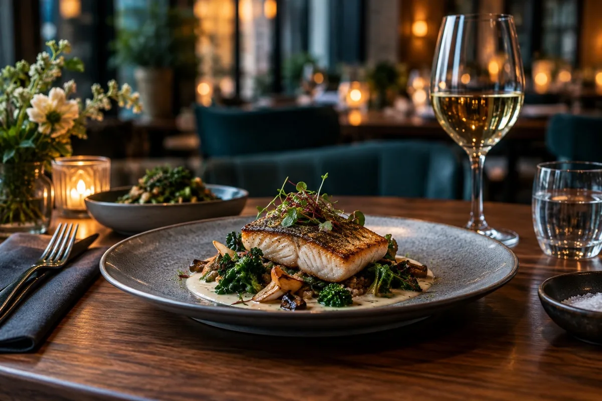 Restaurants creative direction: plated dinner in a warm dining room